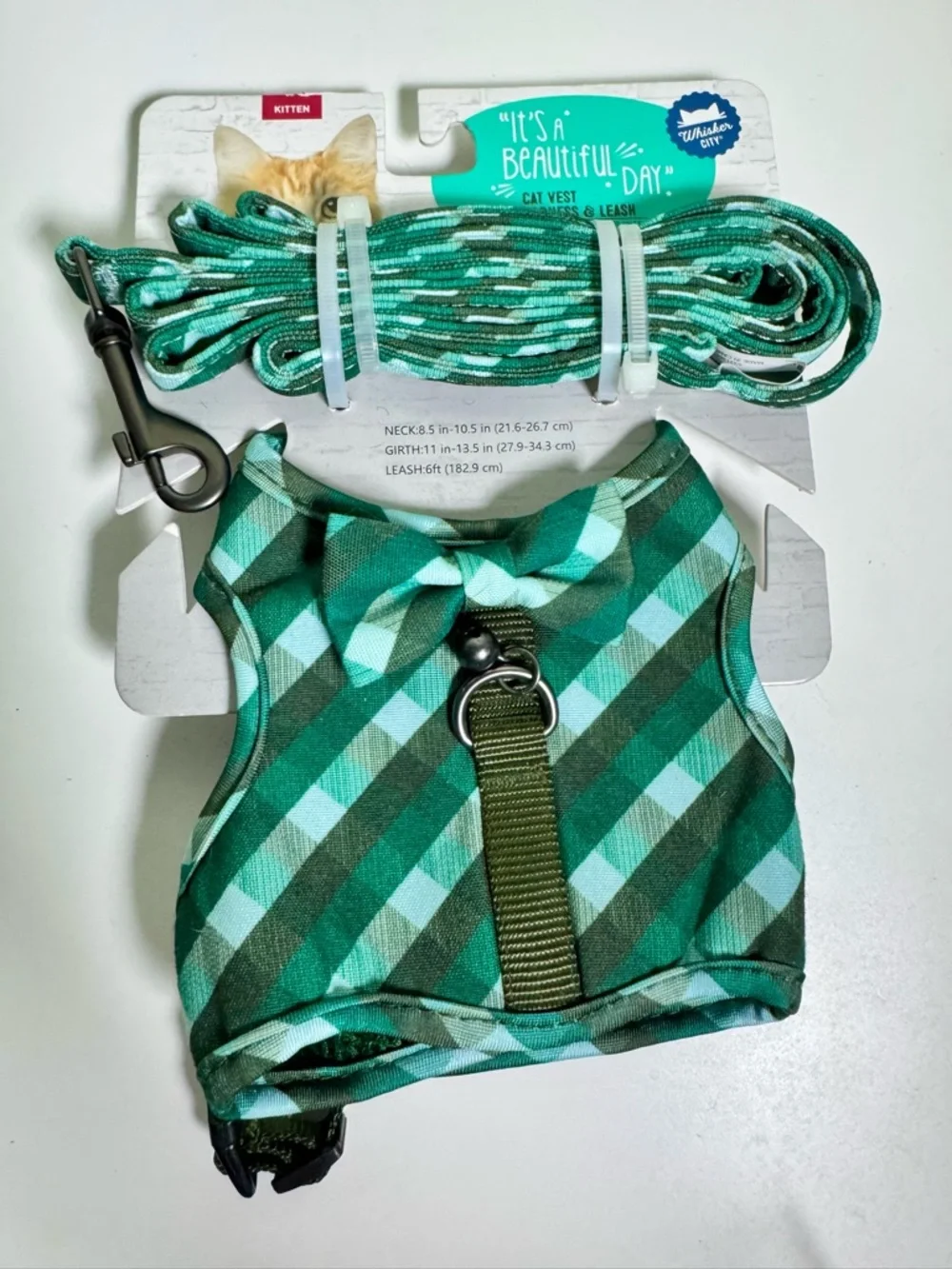 Cat Harness & Leash Set - Green Plaid Kitten Vest